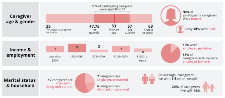 A set of bar, pie, and other graphs depicting caregiver age, gender, income, employment, household, and marital status