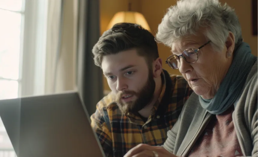 A young man with a beard, wearing a plaid shirt, sits beside an elderly woman with short gray hair and glasses, who is wrapped in a scarf. They are both focused on a laptop screen in front of them, suggesting they are working or learning together. The room has soft lighting, with a lamp in the background, giving the setting a warm, cozy atmosphere.